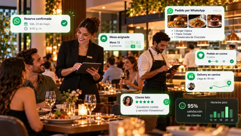 Sala de un restaurante durante el servicio con la jefa de sala atendiendo una mesa desde su tablet, mientras por WhatsApp se confirma la reserva del sábado, se asigna la mesa 12 para cuatro personas, entra un pedido a domicilio y el cliente deja cinco estrellas